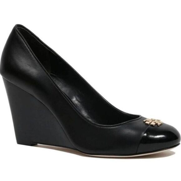 TORY BURCH Jolie Black Leather Wedge Pumps Size 9.5M - Picture 1 of 7